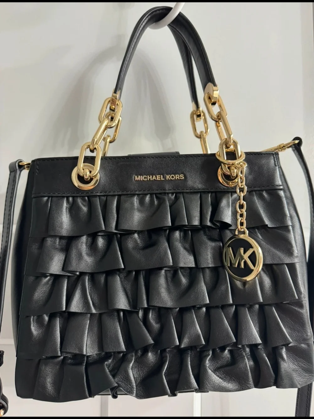 Michael Kors Black Ruffle Satchel with Gold Hardware